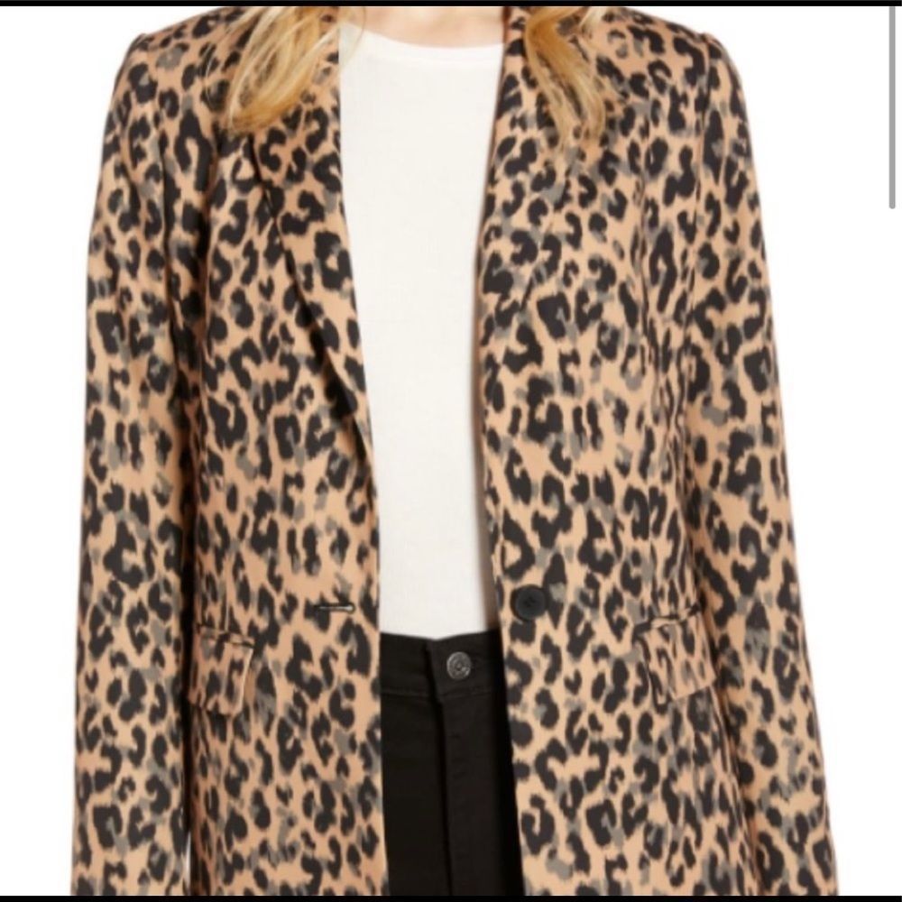 New Halogen Nordstrom Taupe Animal Print Leopard One Button Blazer XXS Petite - Picture 10 of 12